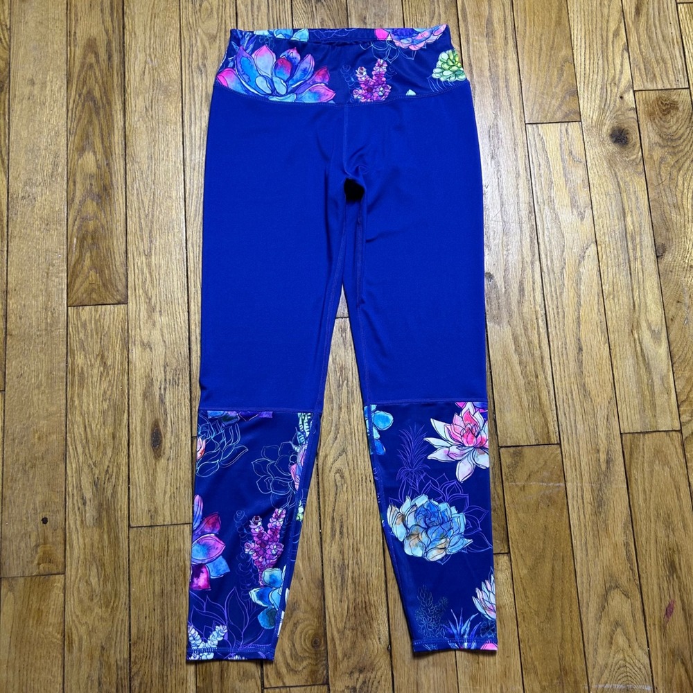 Blue Floral Succulent Print High Waisted Athletic Leggings Yoga Pants Size L